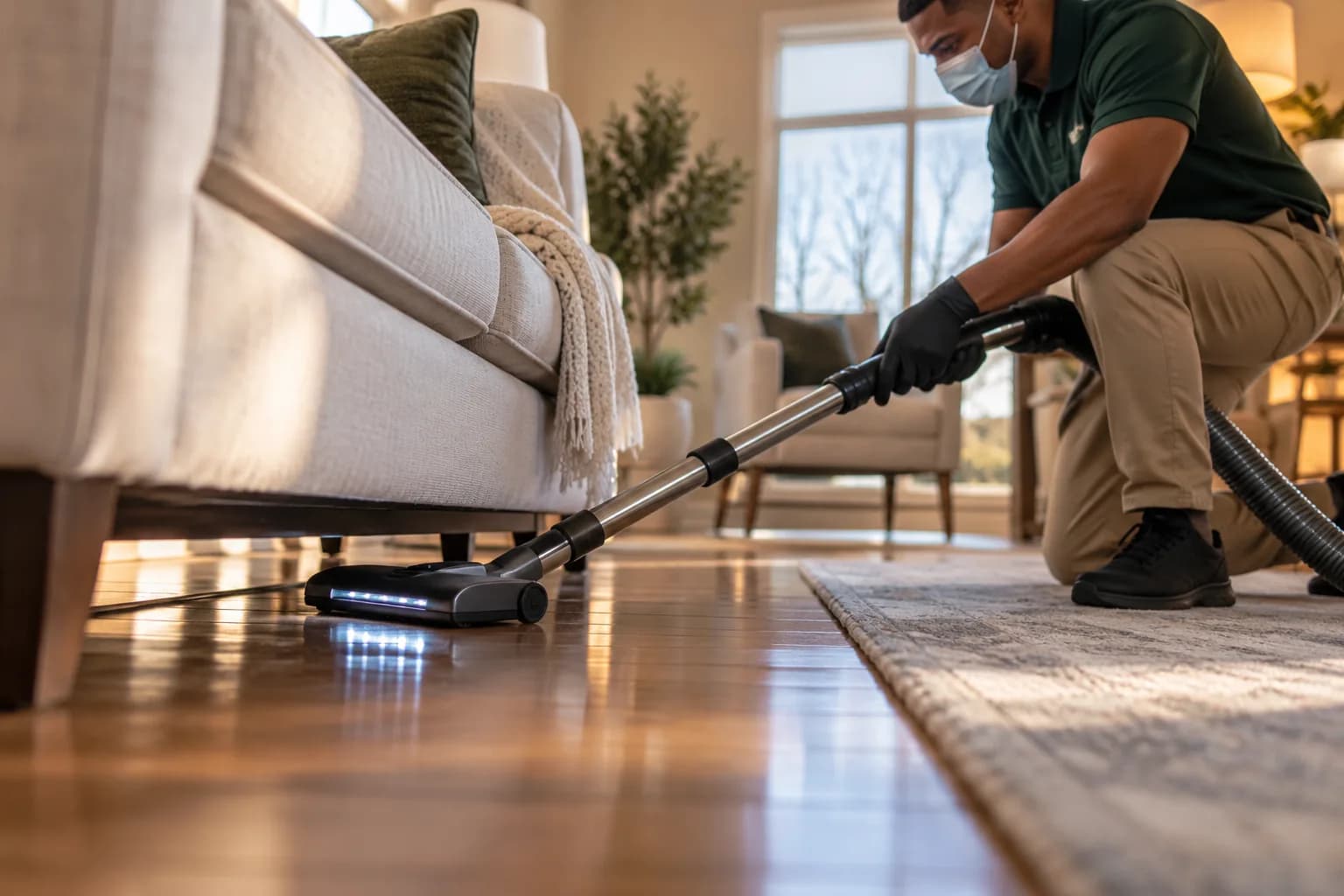 Illustrative cleaner vacuuming beneath a sofa
