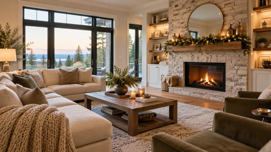 Illustrative living room arranged for a cozy holiday gathering
