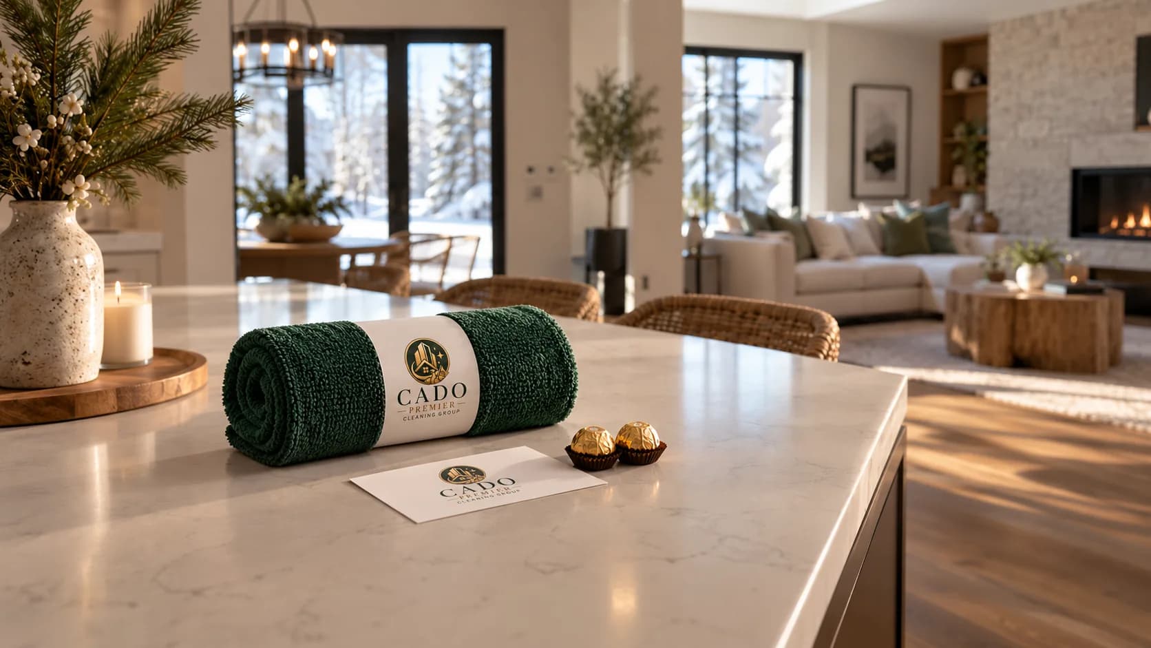 Illustrative winter home with a folded green cloth, thank-you card, and chocolates on a kitchen island