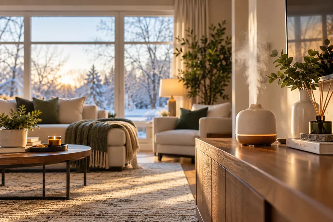 Illustrative winter living room with warm light and seasonal greenery