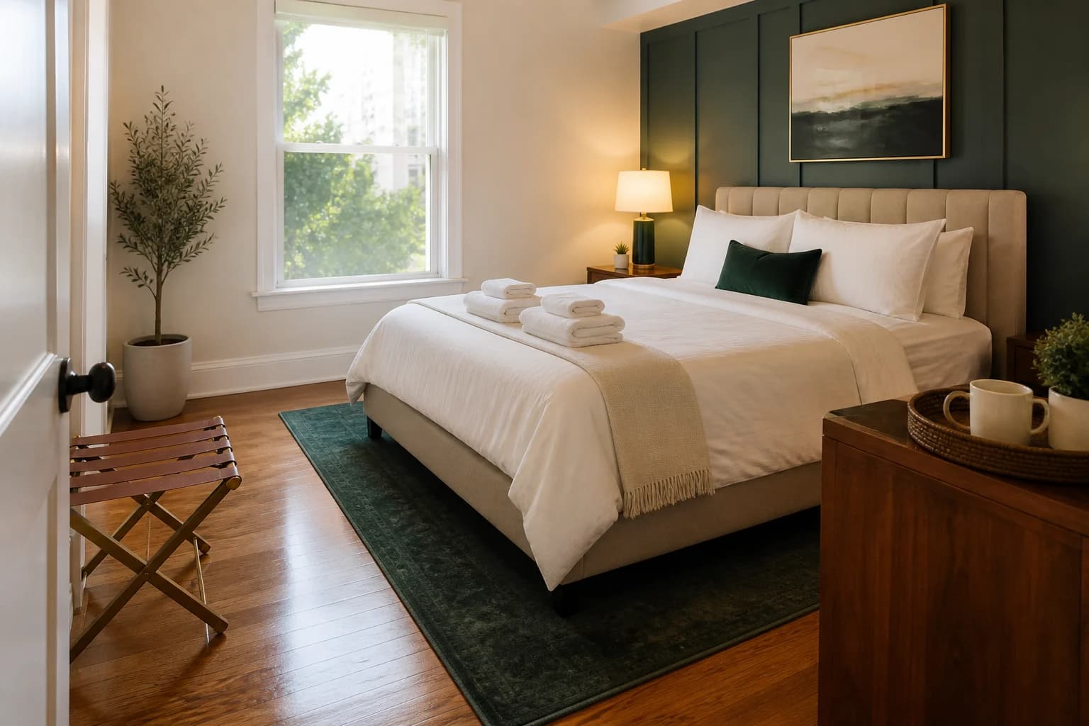 A guest-ready short-term rental bedroom with fresh linens and neatly arranged towels