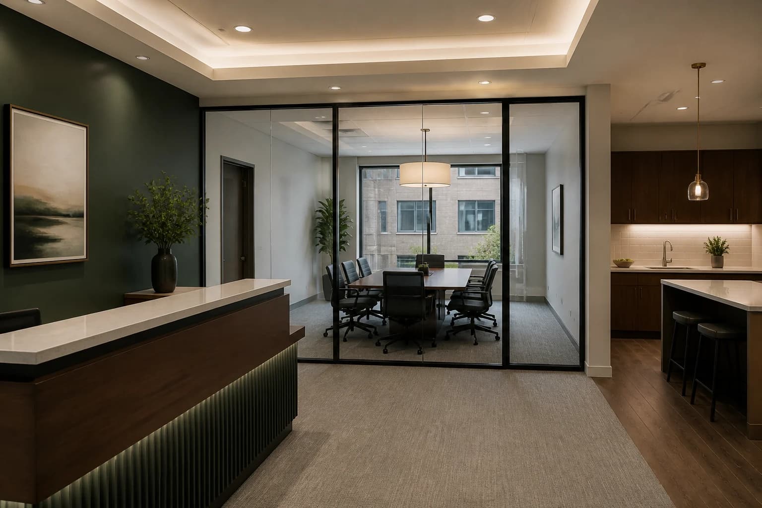A polished small professional office with clean glass, floors, reception, and meeting areas