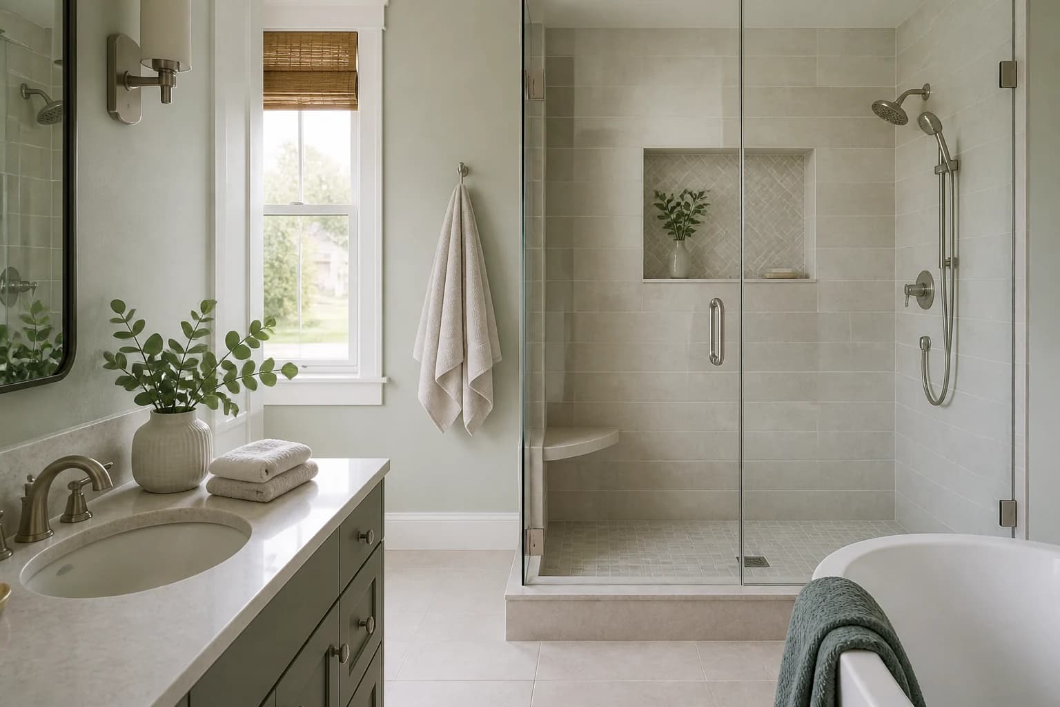 A detailed residential bathroom with clear shower glass, clean fixtures, and refreshed surfaces