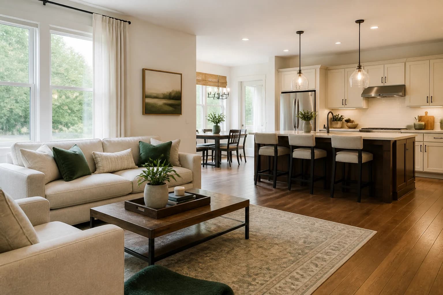 A carefully maintained living room and kitchen after routine professional cleaning